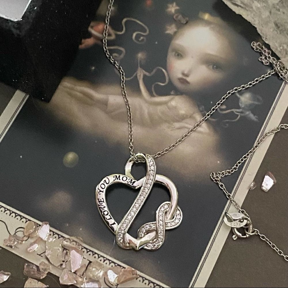 “I Love You Mom” Sterling Silver CZ Infinity Heart Necklace